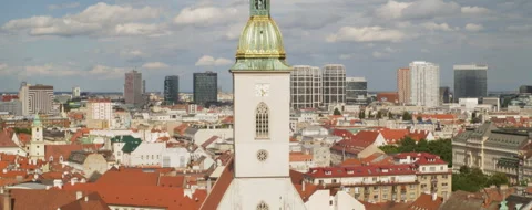 Widescreen shot of Bratislava skyline with St. Martin's Cathedral on sunny day Stock Footage 283042409