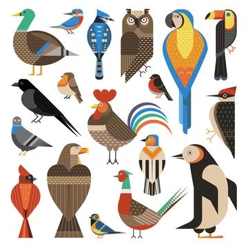 Widespread Common Birds Geometric Set in Flat Stock Illustration
