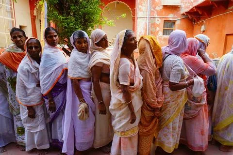 Widows standing in queue, Vrindavan, Mathura, Uttar Pradesh, India, Asia I... Stock Photos
