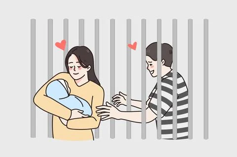 Wife with baby infant visit husband in jail Stock Illustration