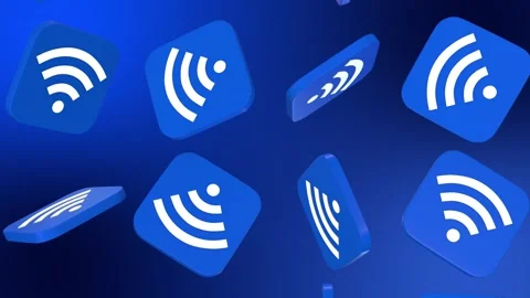 WiFi 3D Symbol Falling on a Blue Background. WiFi Signal Icon 3D Animation. 4K Stock Footage 285754861