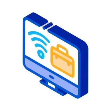 Wifi and business case on computer screen isometric icon vector illustration Stock Illustration