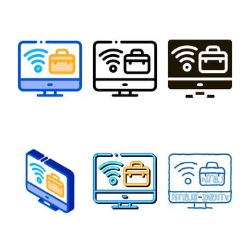 Wifi and business case on computer screen multistyle icon vector outline Illustrazione stock