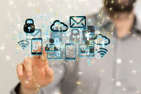 Wifi and data cloud icons in front of a person / digital concept Stock Photos