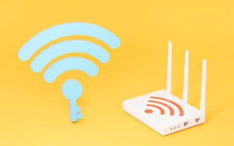 Wifi and router in the yellow background, 3d rendering. Stock Illustration