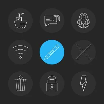Wifi , dustbin , pencil , lock ,  interface icons , arrows , navigation , eps Stock Illustration
