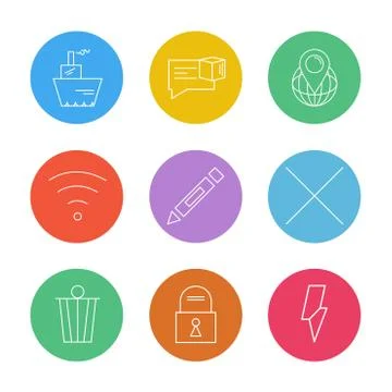 Wifi , dustbin , pencil , lock ,  interface icons , arrows , navigation , eps Stock Illustration