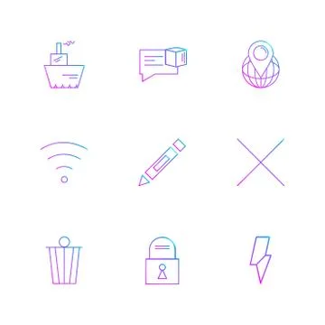 Wifi , dustbin , pencil , lock ,  interface icons , arrows , navigation , eps Stock Illustration