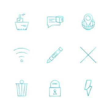 Wifi , dustbin , pencil , lock ,  interface icons , arrows , navigation , eps Stock Illustration