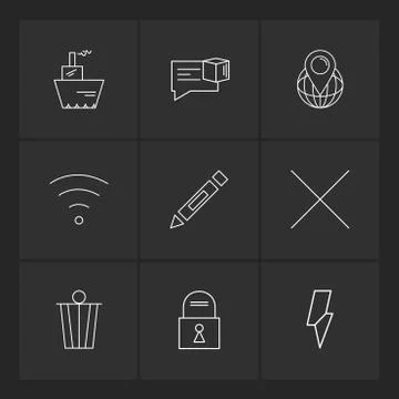 Wifi , dustbin , pencil , lock ,  interface icons , arrows , navigation , eps Stock Illustration