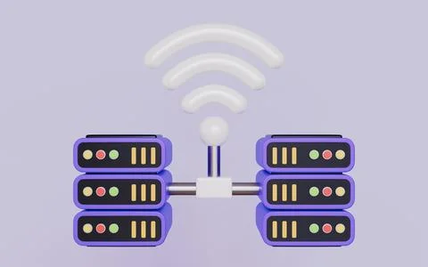 WiFi enabled systems and remote access, A server connected to a wireless Stock Illustration