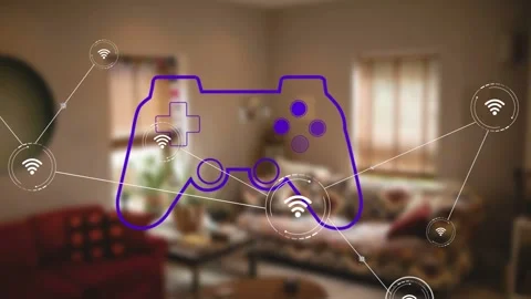 WiFi icon appearing, purple controller linking nodes and pulsing mesh across Stock Footage 333033859