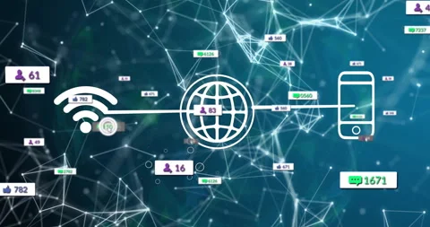 WiFi icon appearing starts floating counters orbiting icons as counts rising Stock Footage 310642848