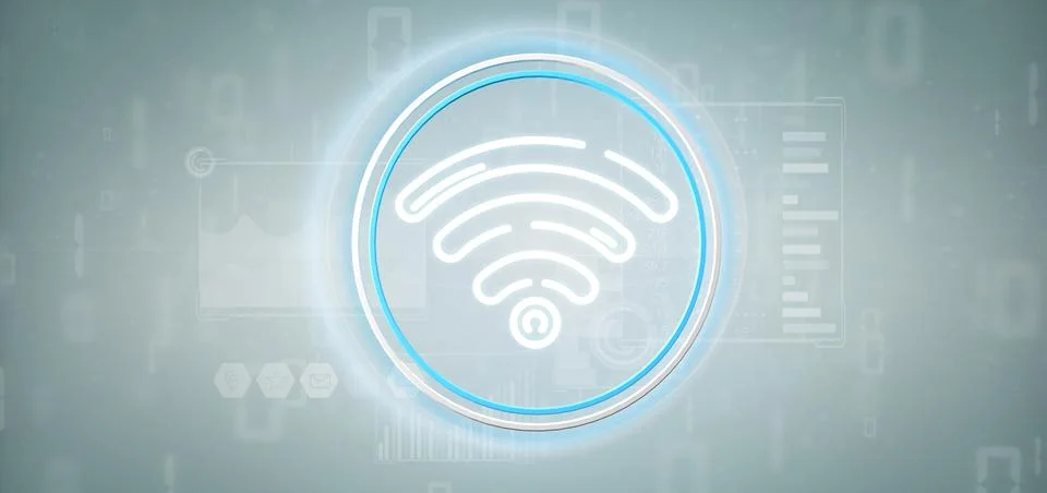 Wifi icon with stats and binary code 3d rendering Stock Illustration