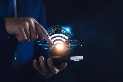Wifi internet access concept. man using smartphone connect communication, soc Stock Photos