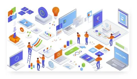 Wifi internet connection. Software installation, flat vector isometric Stock Illustration