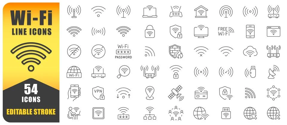 WiFi Line Icon Vector Set. A Collection Of 54 Editable Stroke Icons Stock Illustration
