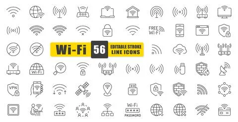WiFi Line Icon Vector Set. A Collection Of 54 Editable Stroke Icons Stock Illustration