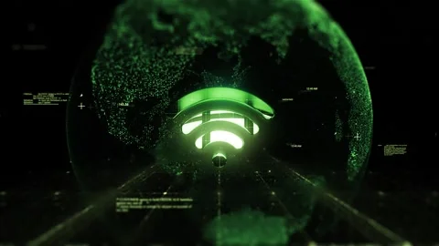 Wifi Logo on Technologic Earth surrounded by a Network of Graphics Effects Stock Footage 342801042