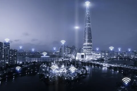 Wifi network business conection system on Seoul city in background. Wifi tech Stock Photos