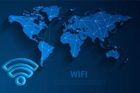 Wifi network technology blue background with world map, vector Stock Illustration