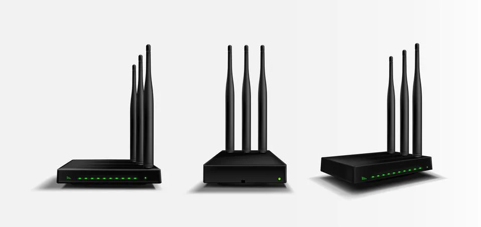 Wifi router front, angle and side view mockup Stock Illustration