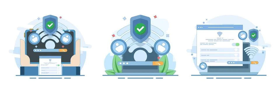 WiFi security set, wireless network protection, data encryption. Stock Illustration