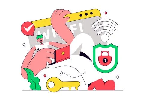 WiFi Security Vector Illustration Featuring Secure Wireless Network, Padloc.. Stock Illustration