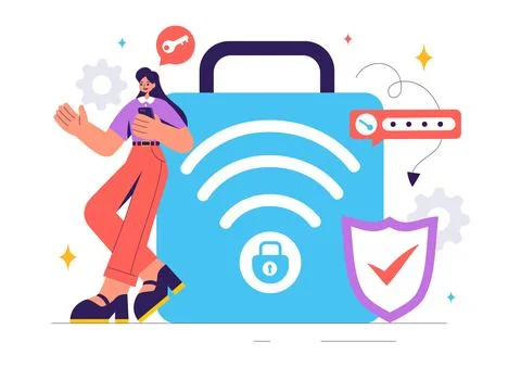 WiFi Security Vector Illustration with Wireless Technology Devices for Inte.. Stock Illustration
