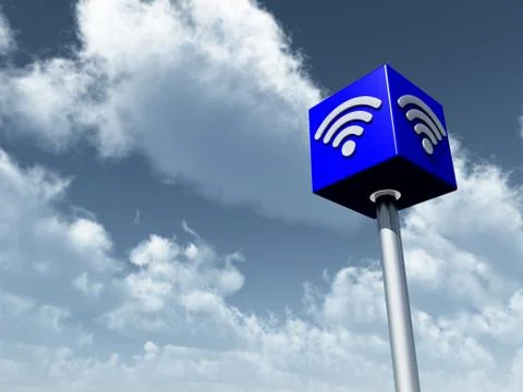 Wifi symbol on cube undercloudy sky - 3d rendering Stock Illustration