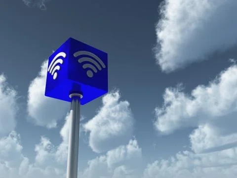 Wifi symbol on cube undercloudy sky - 3d rendering Illustrazione stock