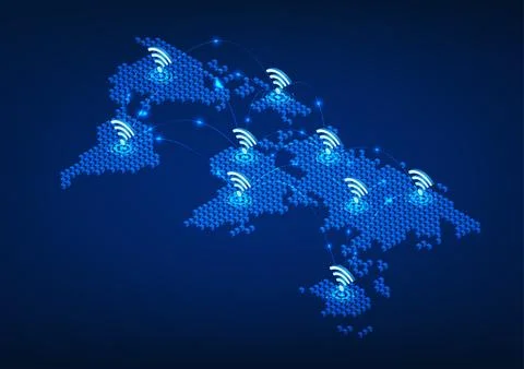 WiFi technology on an interconnected world map Refers to the Wi-Fi technolo.. 스톡 일러스트