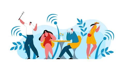 Wifi technology for people, vector illustration. Flat man woman character use Stock Illustration