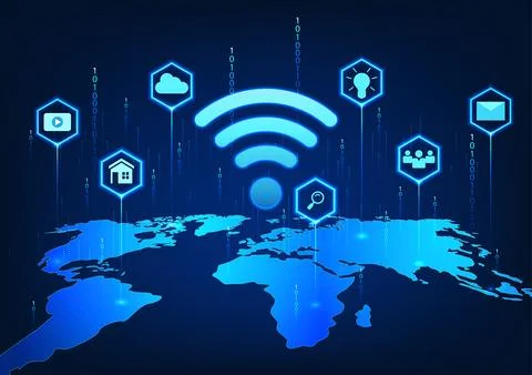 WiFi technology on the world map with icons and behind the number code Refe.. Illustrazione stock