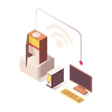 Wifi wireless connection vector isometric illustration. Computer connected to Stock Illustration