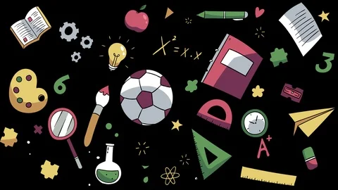 Wiggle School pattern. Education supplies on black background Stock Footage 113855232