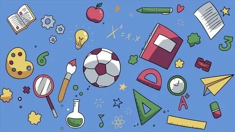 Wiggle School pattern. Education supplies on blue background Stock Footage 113855249