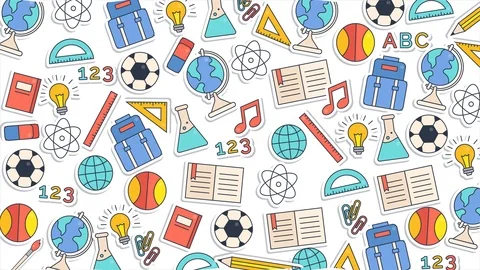 Wiggle School pattern. Education supplies on white background Stock Footage 113855276