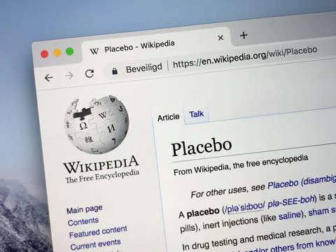 Wikipedia page about placebo Stock Photos