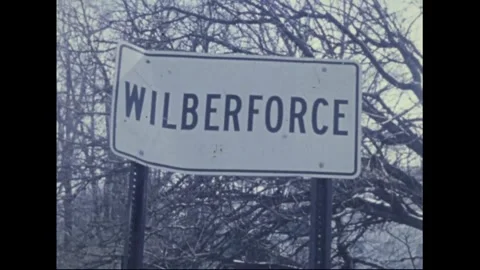 WILBERFORCE, OHIO - 1974: Tornado disaster — Roadside sign, bare winter trees Stock Footage 342609718