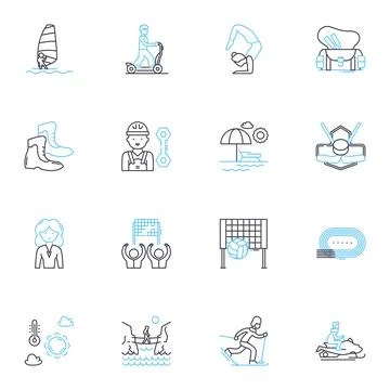 Wild adventures linear icons set. Safari, Jungle, Trek, Expedition, Rafting Stock Illustration