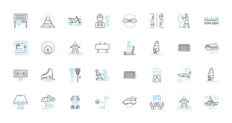 Wild adventures linear icons set. Safari, Jungle, Trek, Expedition, Rafting Stock Illustration