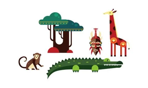 Wild African animals set, monkey, elements of nature and culture of Africa イラスト素材
