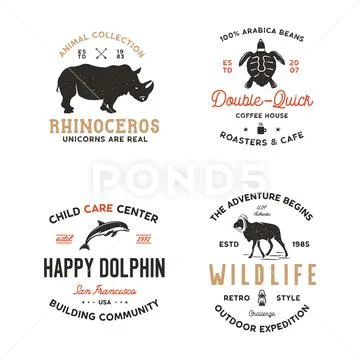 Wild animal Badges set and great outdoors activity insignias. Retro illustration Stock Illustration