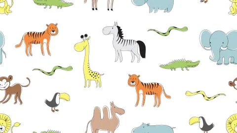 Wild animal pattern. Doodle snake, leo and tiger, camel and elephant print イラスト素材