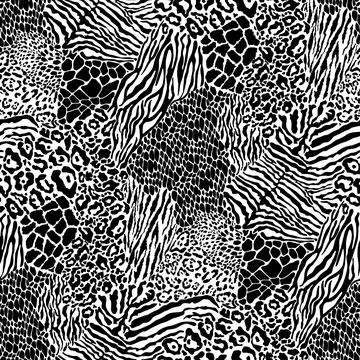 Wild animal skins patchwork wallpaper black and white fur Stock Illustration