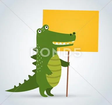 Wild animal zoo crocodile holding strike clean plate board vector cartoon Stock Illustration