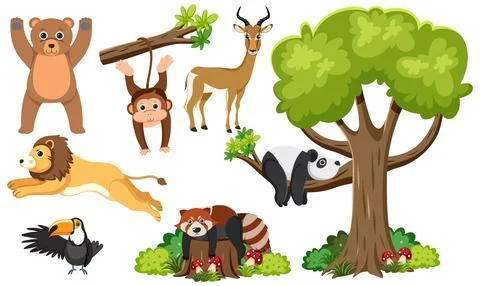 Wild Animals and Tree in Isolated Vector Illustration イラスト素材