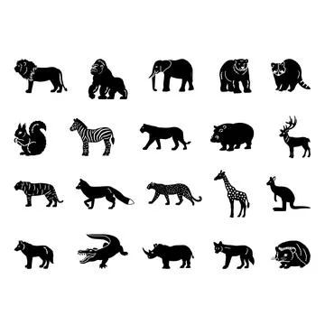Wild Animals Black Icons. Vector Illustrations Of Lion, Gorilla, Elephant, .. Stock Illustration