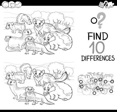 Wild animals differences game Black and White Cartoon Illustration of Find... Stock Photos